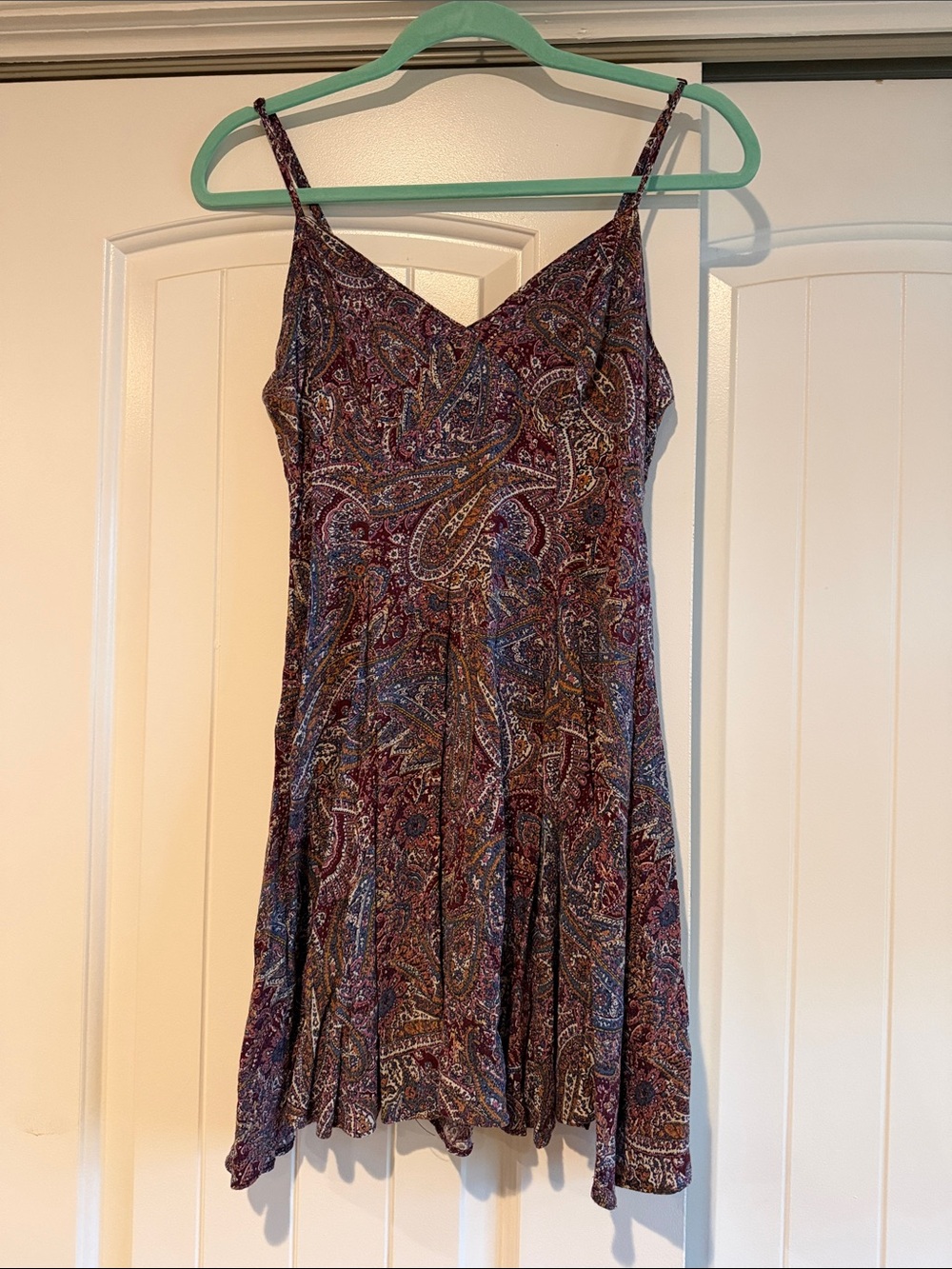 American Eagle Outfitters Spaghetti-Strap Paisley Mini Dress in Maroon and Blue